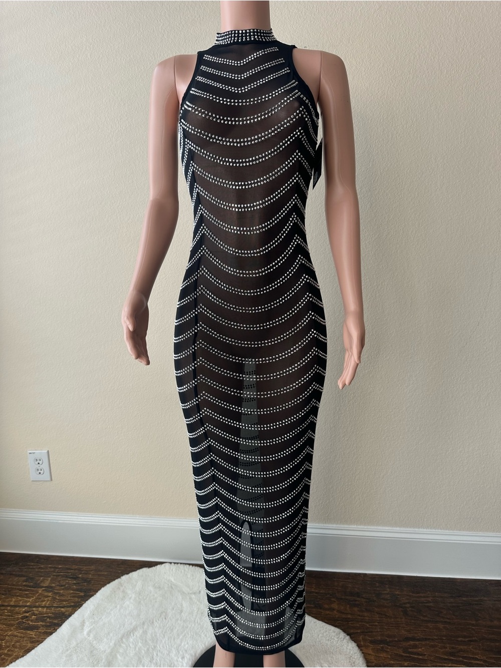 Brand New! Women’s Black Rhinestone Embellished Mesh Dress – Size S